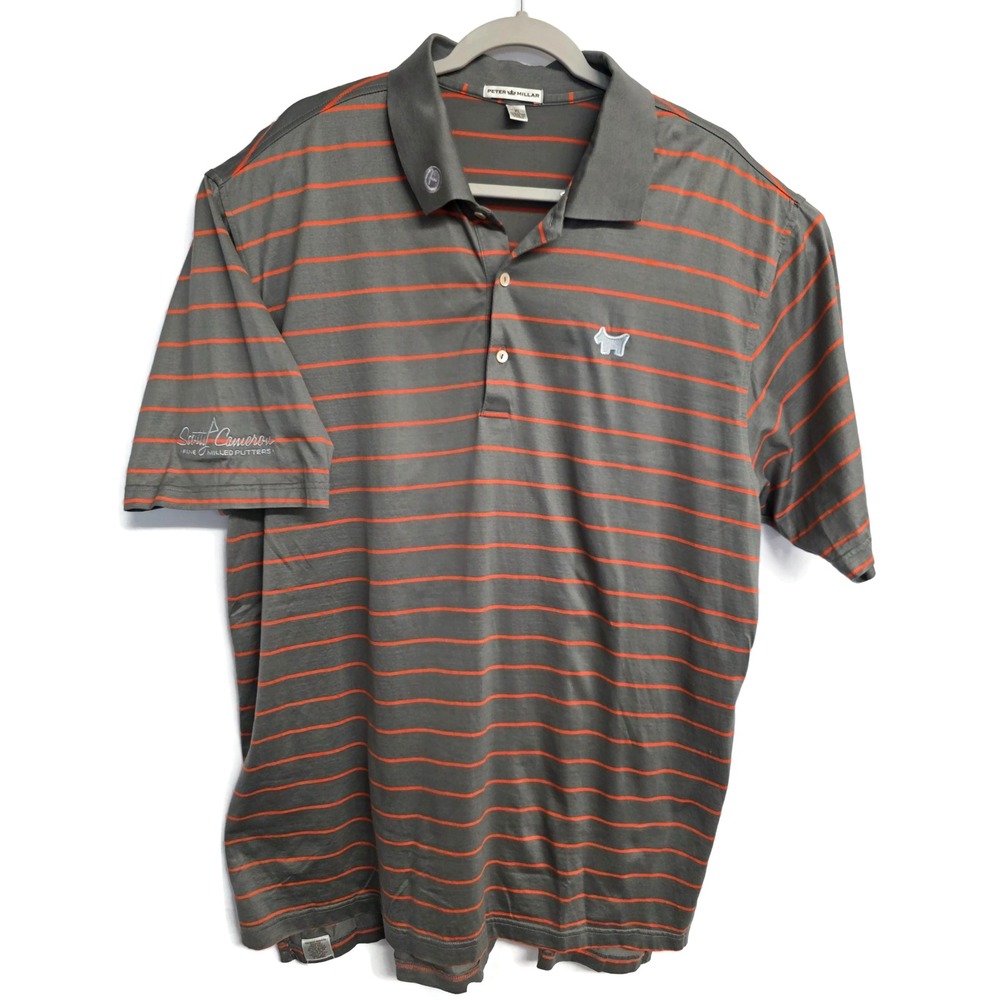 Peter Millar Scotty Cameron Mens XL Gray Orange Striped Cotton Golf Polo Shirt